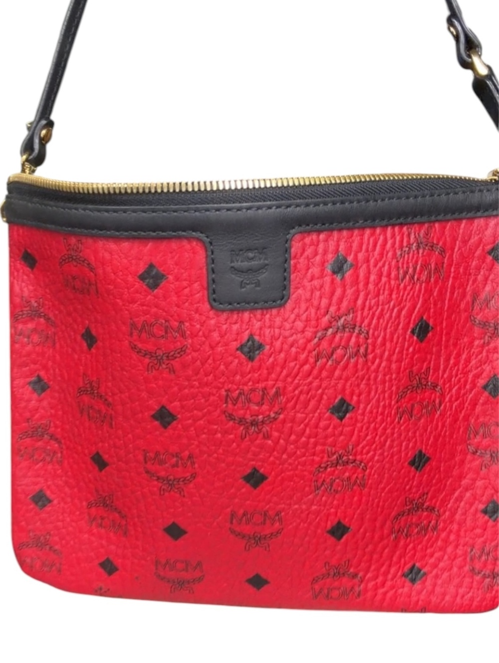 MCM Red Visetos Coated Canvas Zip Wristlet Clutch Pouch Black Trim Gold Hardware - Picture 10 of 10